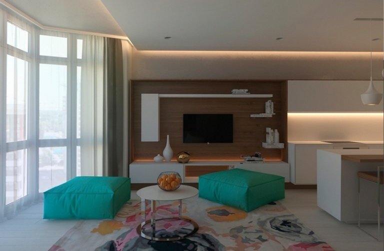 apartament modern în accente gri deschis, alb și verde menta idei-design-interior-gri-menta-verde-living-covor-culori-iluminat-indirect