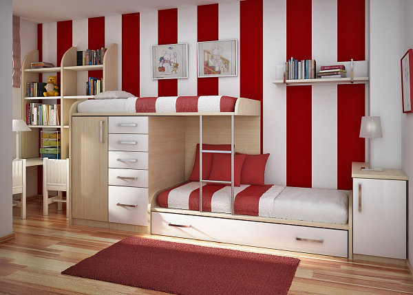 Dungi de pepinieră alb-roșu Stripes perete pepinieră-pat roșu alb mansardă