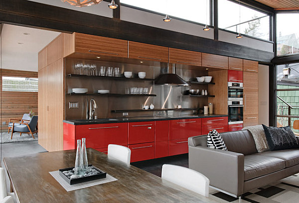 Bucătărie deschisă roșu mobilier de bază design mobilier Bucătărie deschisă Dulapuri cu bază roșie-echipamente de design pentru mobilier