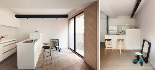 Mobilier apartament mic-minimalism bucătărie alb-luminos Mobilier apartament mic-minimalism bucătărie colț cu lumină albă