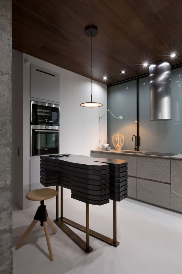 Bucătărie de design cu insulă neobișnuită de design de mobilier Apartament-renovat-cu-impresionant-living-interior-bucătărie-insulă