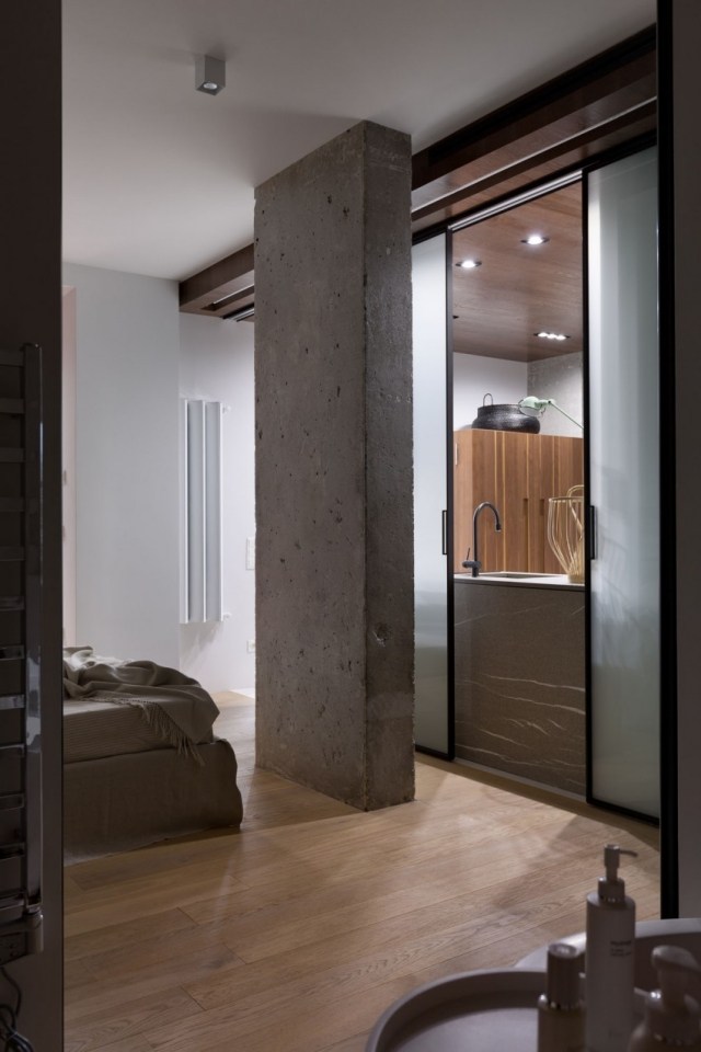 Uși glisante separatoare de cameră Idei din sticlă mată Design modern Coloane de beton-cu-aspect-industrial-apartament-stil-KENZO-Kiev