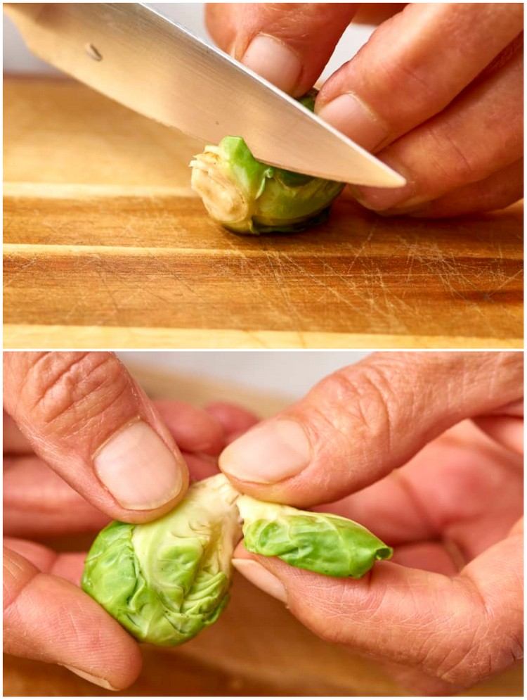 Varza de Bruxelles curată, așa funcționează Decupați capetele tulpinii