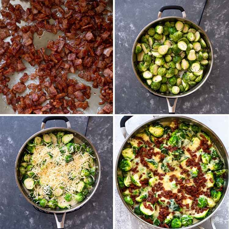 Pregătiți varză de Bruxelles cremoase cu slănină într-o tigaie