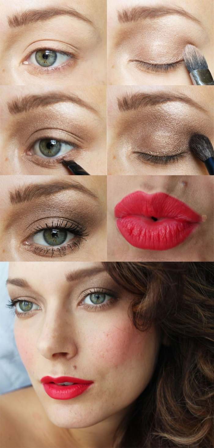 buzele roșii și machiajul ochilor maronii sunt o combinație bună Instrucțiuni de machiaj-ochi-umbre-maro-roșii-buze