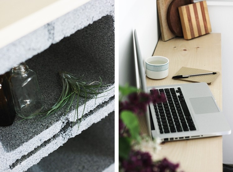 Blat din lemn și compartimente din blocuri de beton birou-construiește-te-singur-idei-masă-lucru-beton-blocuri-compartimente-plăci-de-lemn-mobile-practice