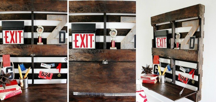 birou mic, creativ, cu funcție articulată, realizat dintr-un palet euro birou-construiți-vă-idei-masă de lucru-euro-palet-compartimente-pliabile-lăcuite-montate pe perete