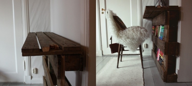 Un birou realizat dintr-un palet euro folosește un spațiu îngust în apartament birou-construiți-vă-idei-masă-de-lucru-euro-palet-lemn-rafturi-înguste-practice