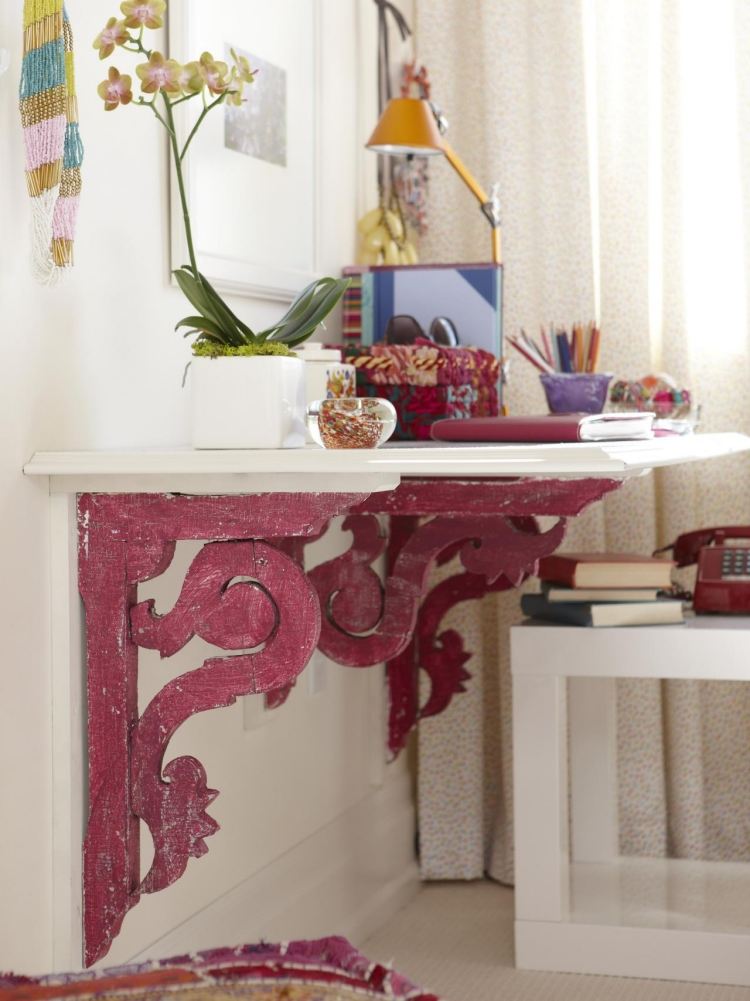 Montați biroul pe perete cu suporturi de rafturi frumoase birou-construiți-vă-idei-masă-de-lucru-raft-montat-pe-perete-suport-design-jucăuș-roz-rustic