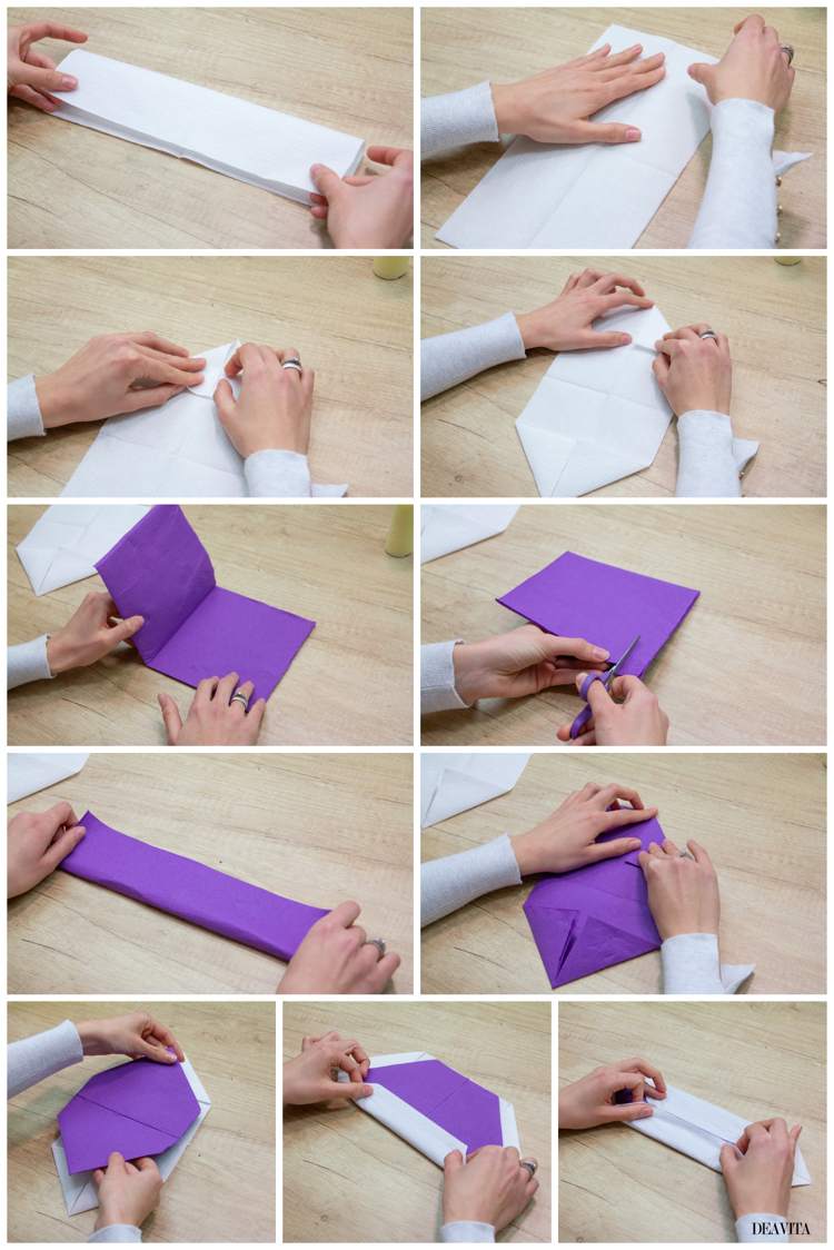 urechi de iepure în două culori se pliază dintr-un șervețel alb și purpuriu