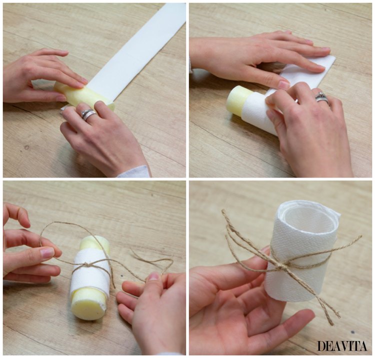 Îndoiți șervețelul de hârtie într-un inel și legați-l cu un șnur de iută