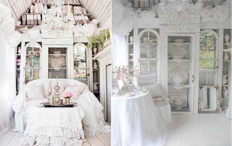 dulap alb cu vase din porțelan și ceramică shabby-chic-living-deco-white-dulap-rafturi-fata-de-masa-rueschen