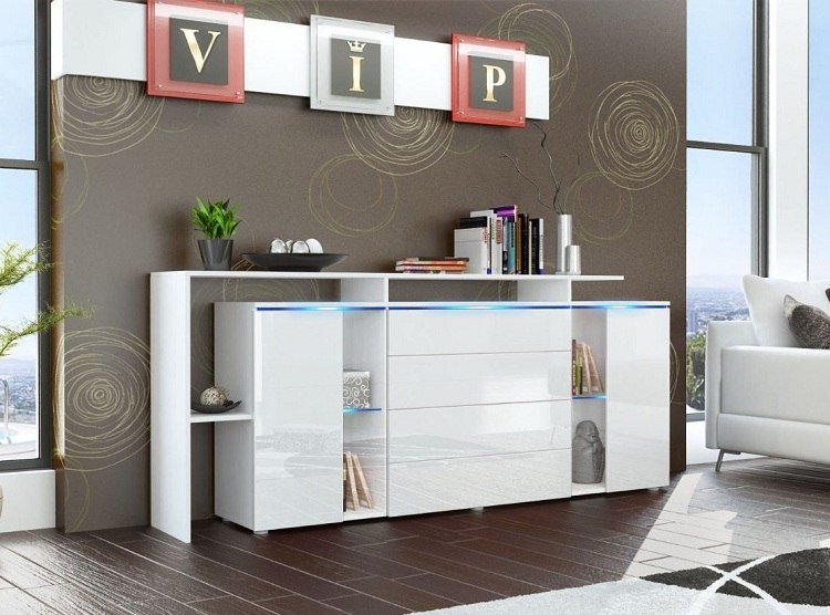 Vitrină din sticlă cu iluminare LED alb lucios