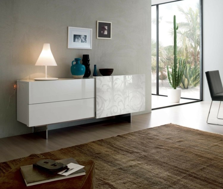 Buffet picioare albe lucioase cu uși glisante motive florale două sertare