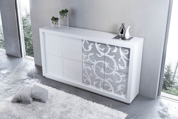 Comoda albă lucioasă argintie cu lacuri ușă glisantă suprafețe suport