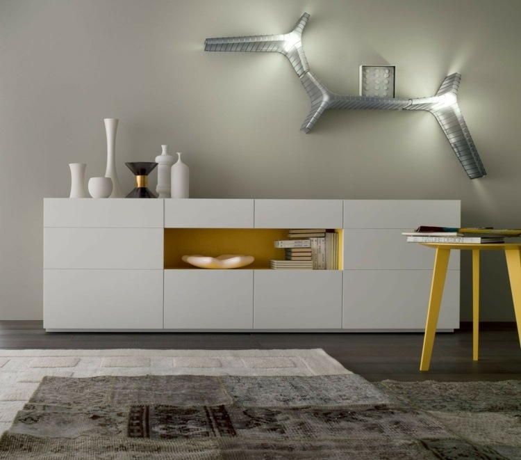 Comodă albă lucioasă galben compartimente deschise Stil scandinav