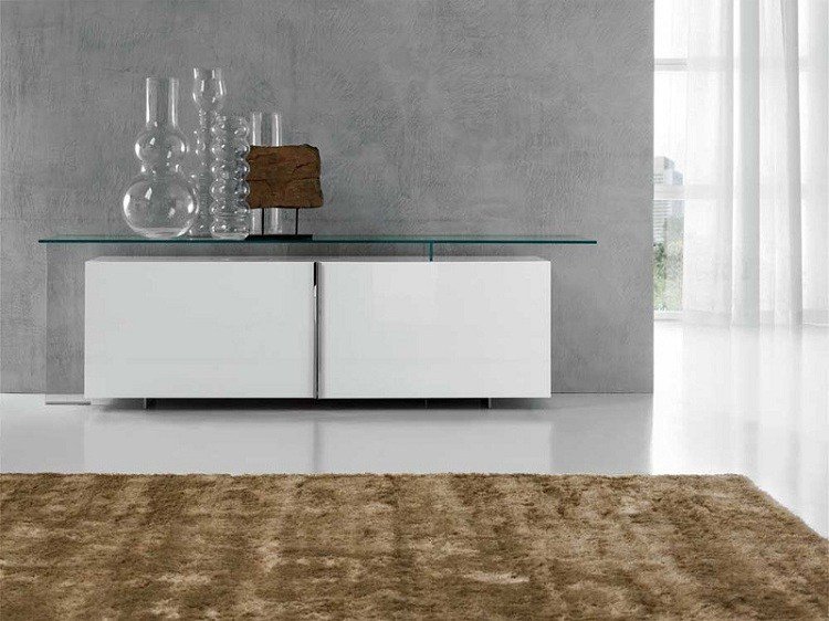 Buffet placă din sticlă lucioasă albă uși fără mână living modern