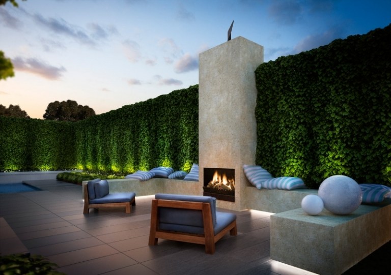 Zona de relaxare în grădină cu o bancă de grădină din beton și scaune din stejar Scaun-în-grădină-șemineu-modern-bancă de beton
