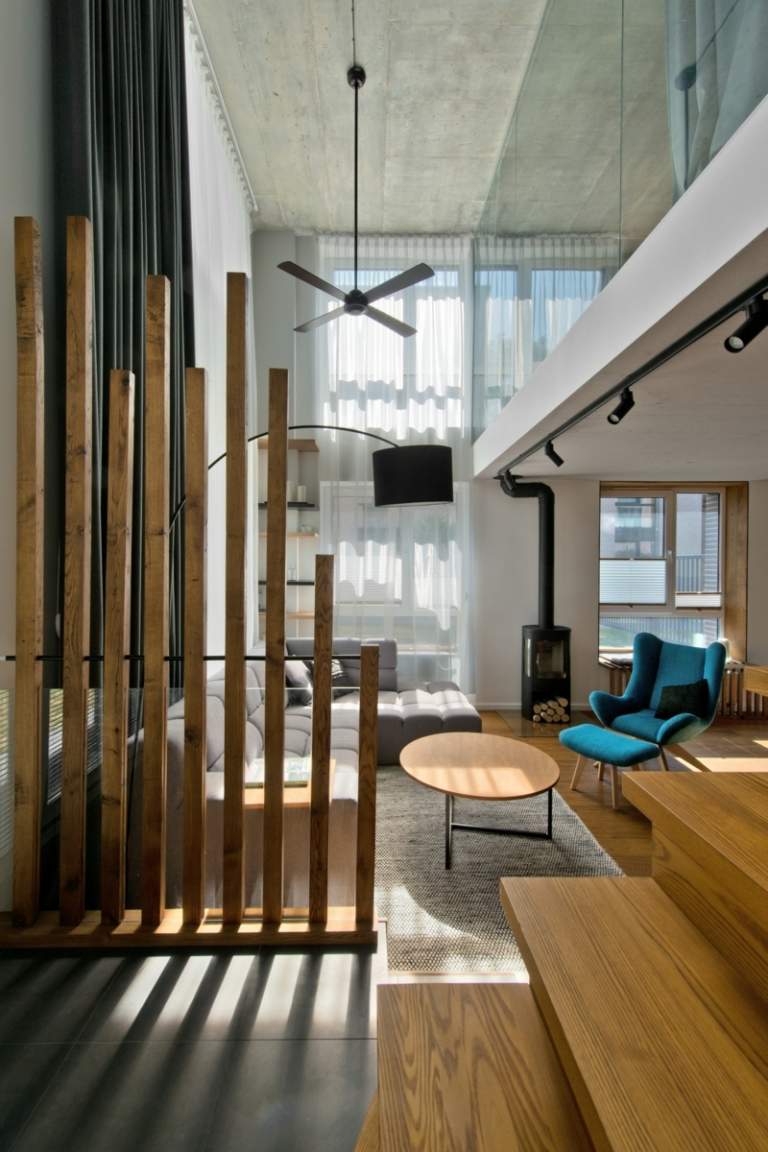 Mobilierul scandinav este împodobit cu un separator de cameră Gresie gresie stil scandinav aspect piatră despărțitor din lemn modern