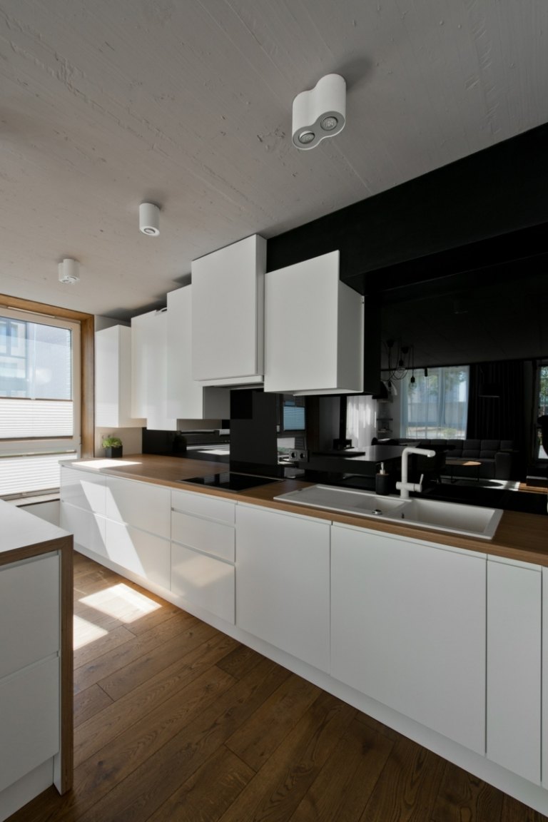 Design elegant de bucătărie stil scandinav în bucătărie gri chiuvetă de design modern alb-negru