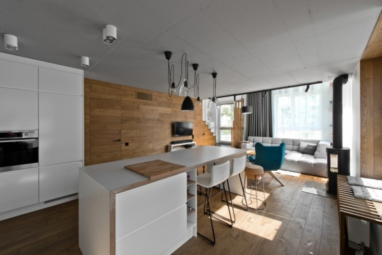 Insula de bucătărie scandinavă Stil scandinav gri bucătărie insulă albă scaun bar parchet lemn