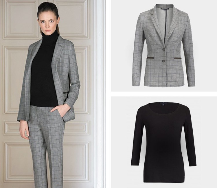 Look de afaceri inteligent pentru femei - costum pantaloni gri Costum de îmbrăcăminte Smart Business-costum-doamnă-jachetă gri-carouri