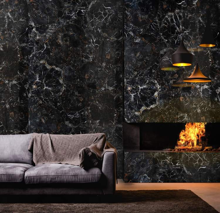 lemn negru pietrificat ca placare de perete în interiorul modern cu canapea și șemineu