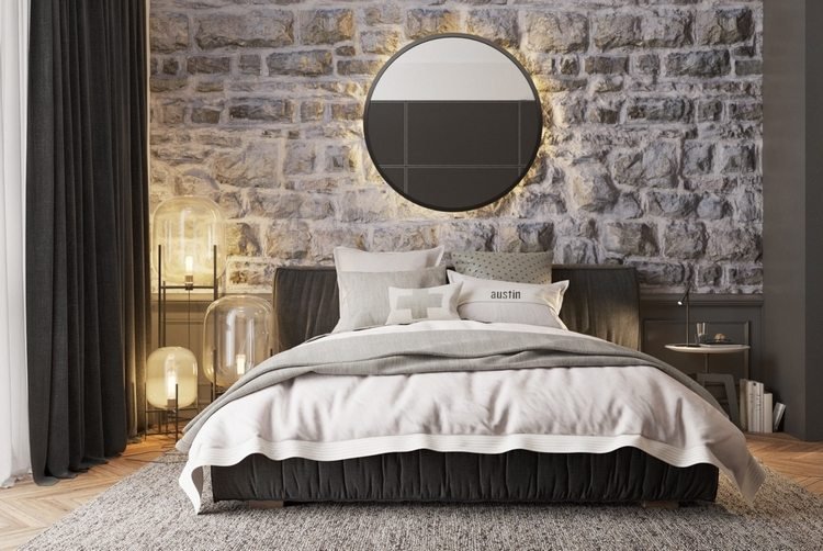 peretele de piatră ca accent în designul interior al dormitoarelor cu iluminat de perete