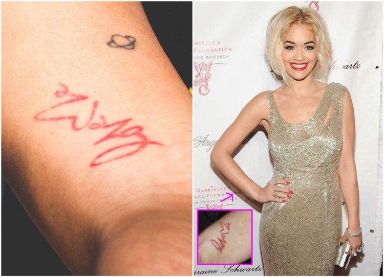 Tendințe de tatuaje 2019 cu cerneală roșie font Rita Ora pentru încheietura mâinii