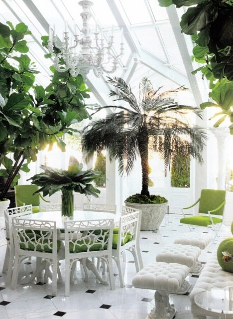 seră plante palmieri gresie podea mobilă albă perne verzi Plantele din conservă palmieri gresie oală mobilier alb perne verzi
