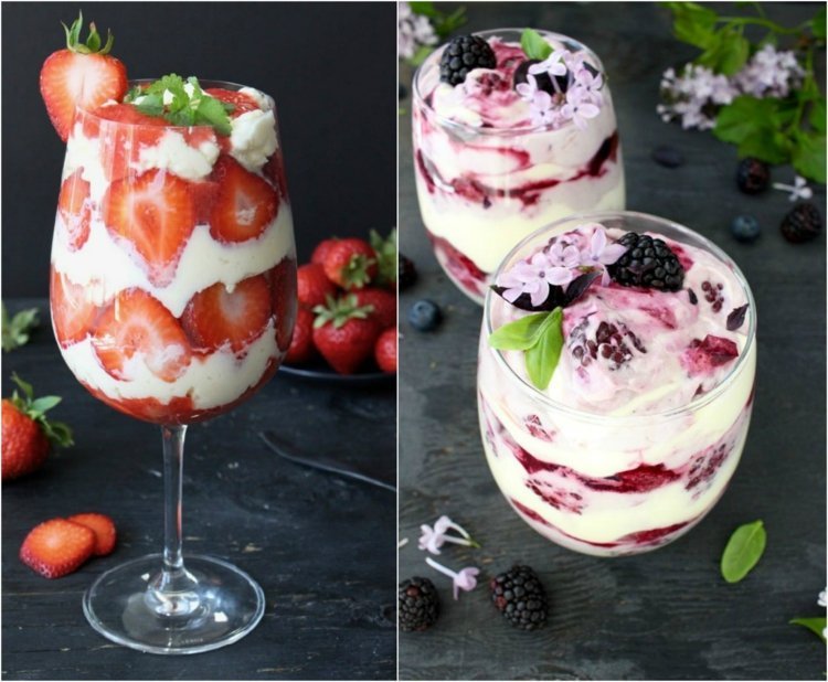 desert de tiramisu cu căpșuni într-un pahar de fructe de pădure sălbatice