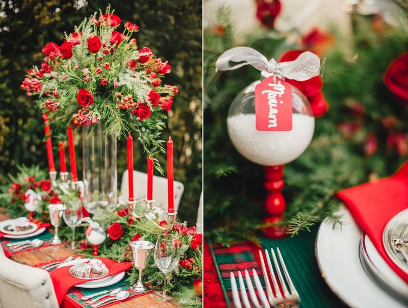 Decoratiuni de masa cu trandafiri, baloane de Craciun pline de zapada artificiala Decorarea mesei pentru Crăciun roșu-înalt-vază-de-sticlă-argintie-lumânări-trandafiri