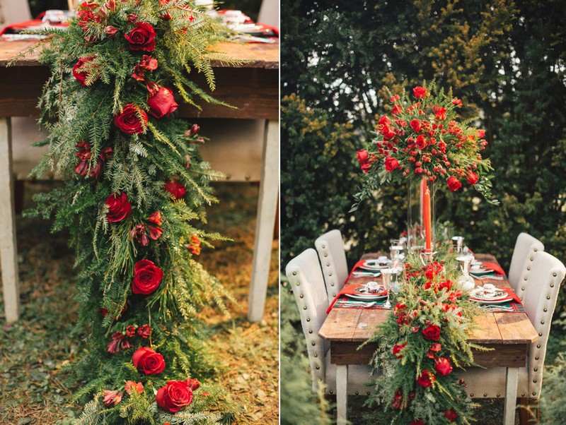 Faceți alergători de masă din materiale naturale - ramuri de brad și trandafiri roșii Decoratiuni de masa pentru ramuri de brad de Craciun-idei-rustic-masa de gradina