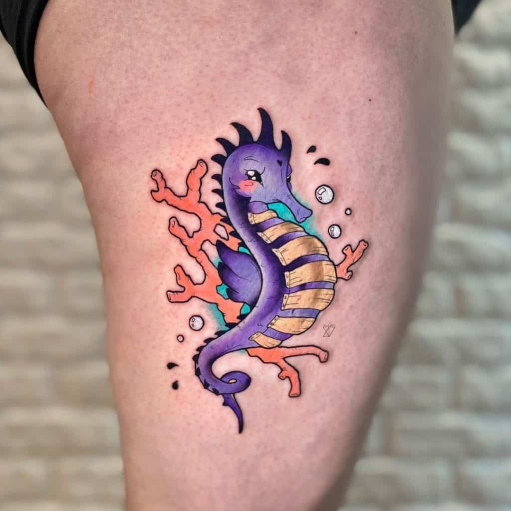 Mignon & Conception colorée de tatouage d'hippocampe