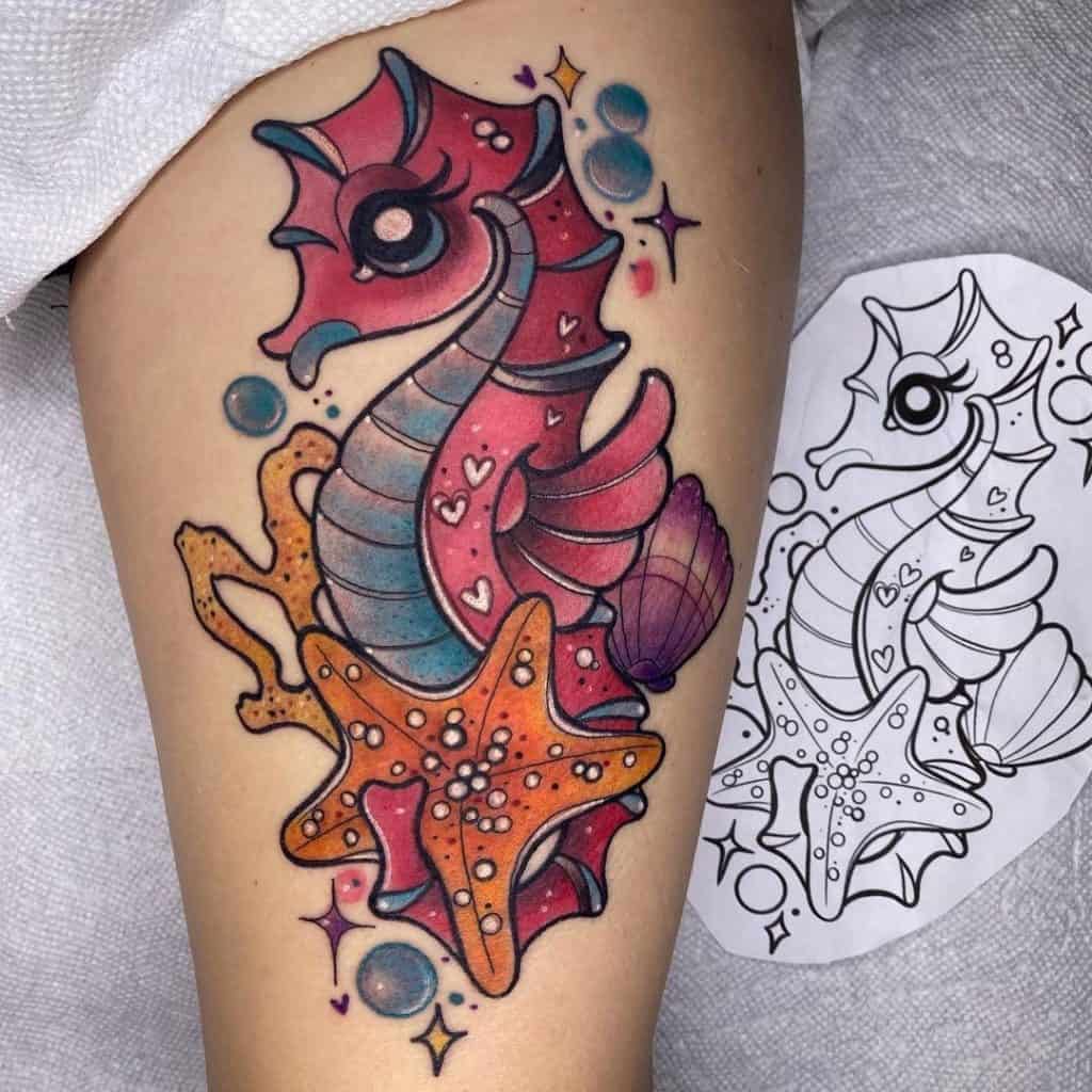 Rose & Tatouage d'hippocampe lumineux coloré