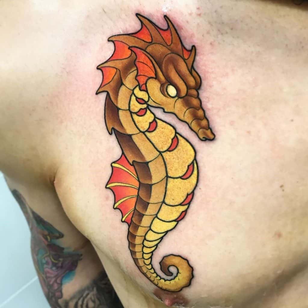 Poitrine & Conception colorée de tatouage d'hippocampe