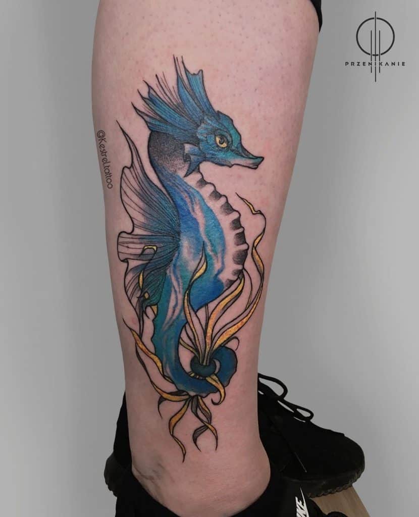 Hippocampe Couleur Tatouage Bleu Design