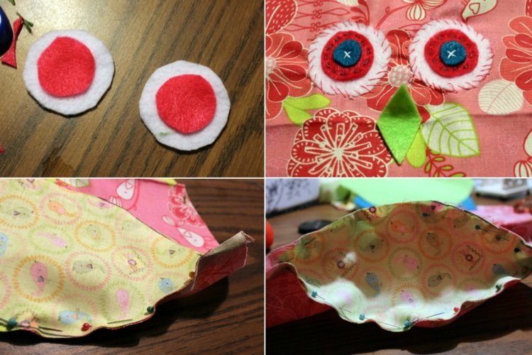 Coaseți fața bufniței dop-ușă-coase-ochi-cioc-lipi-butoane-coase