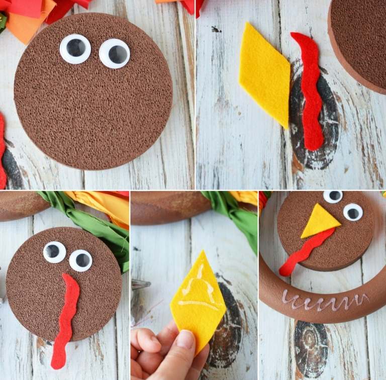 Faceți coroane de toamnă cu copii - faceți-vă propriul curcan din spumă de poliester, pâslă și ochi googly