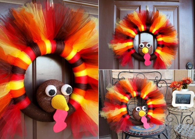 Faceți coroane de toamnă cu copii din tul în portocaliu, roșu, galben și maro