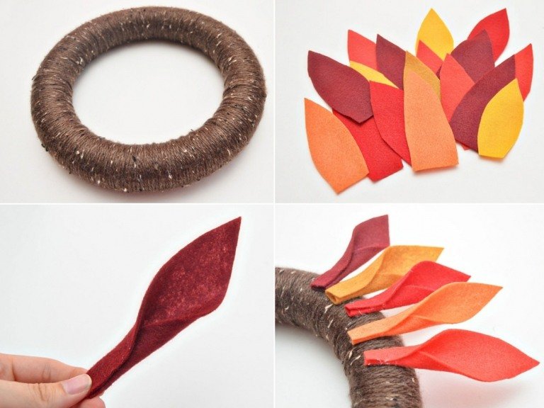Faceți pene de curcan din pâslă și lipiți-le pe coroana de toamnă