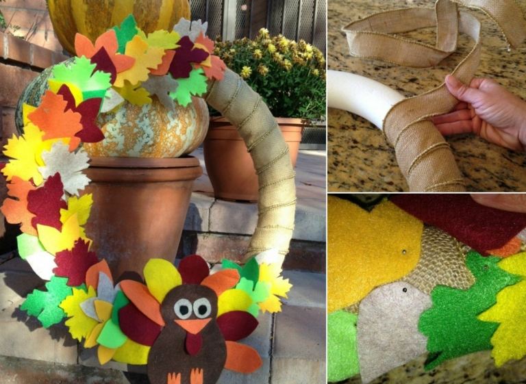 Coroană de toamnă pentru ușă, fereastră sau perete și pentru amenajare din lenjerie și frunze din fetru