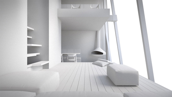 Casă puristă. Șemineu deschis, loft-all white-indoor Concept de casă puristă pardoseală din lemn cu șemineu alb-interior