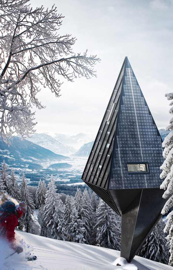 Construcție de case pasive peisaj de pădure colibă de munte-proiect futurist Construcție de case pasive peisaj forestier modern cabană montană - concept futurist
