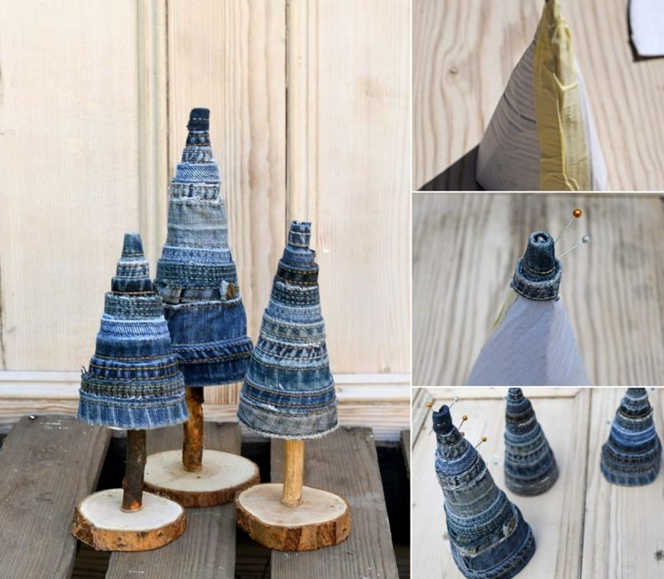 Pomi de Crăciun creativi din blugi - conuri din carton și lipiți cu tivuri