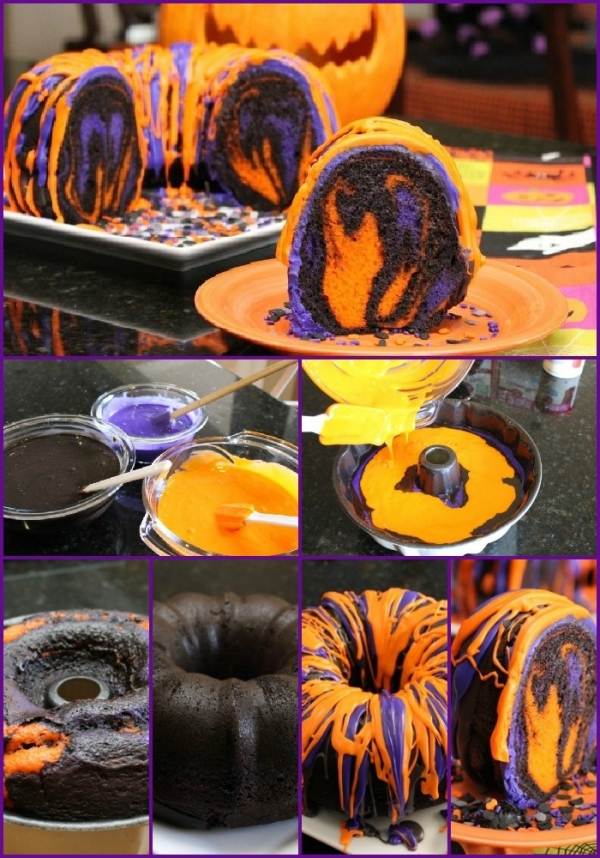decor de tort de Halloween infiorator colorat portocaliu violet prajituri de Halloween infricosator colorat portocaliu violet