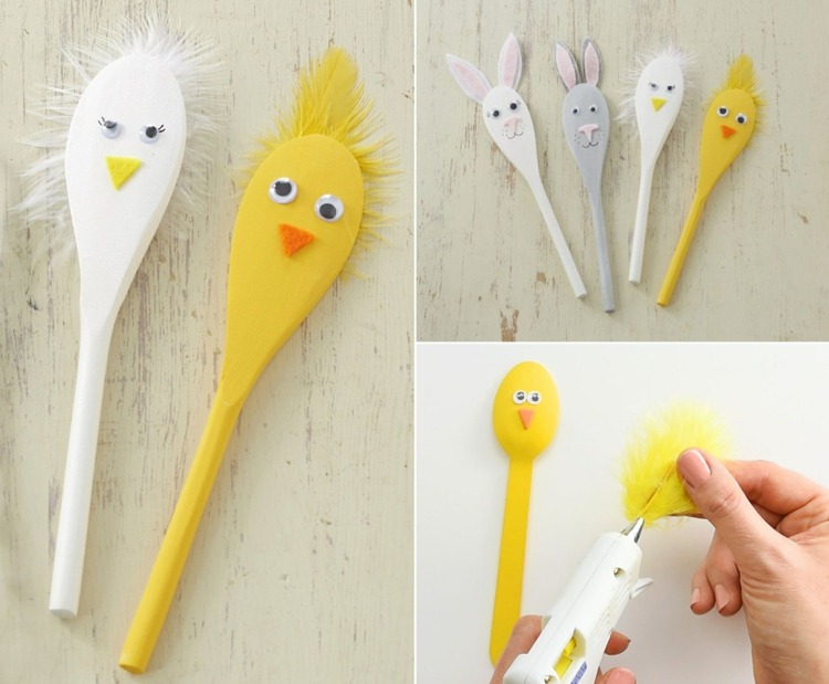 Artizanat rapid și ușor cu linguri de lemn - iepuraș de Paște. Pui și găină cu pene