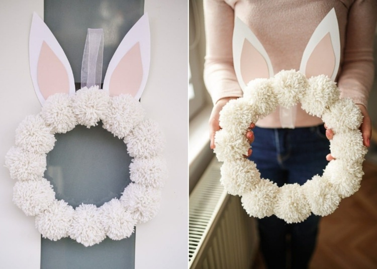 Pompoane albe pentru o coroană drăguță de Paște DIY cu urechi de iepure