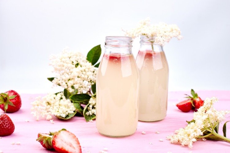 Faceți flori de soc și căpșuni cu chefir de apă ca băutură și bucurați-vă