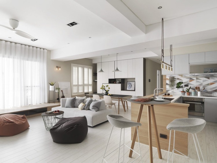 alb laminat nuanțe gri deschis living concept bucătărie living